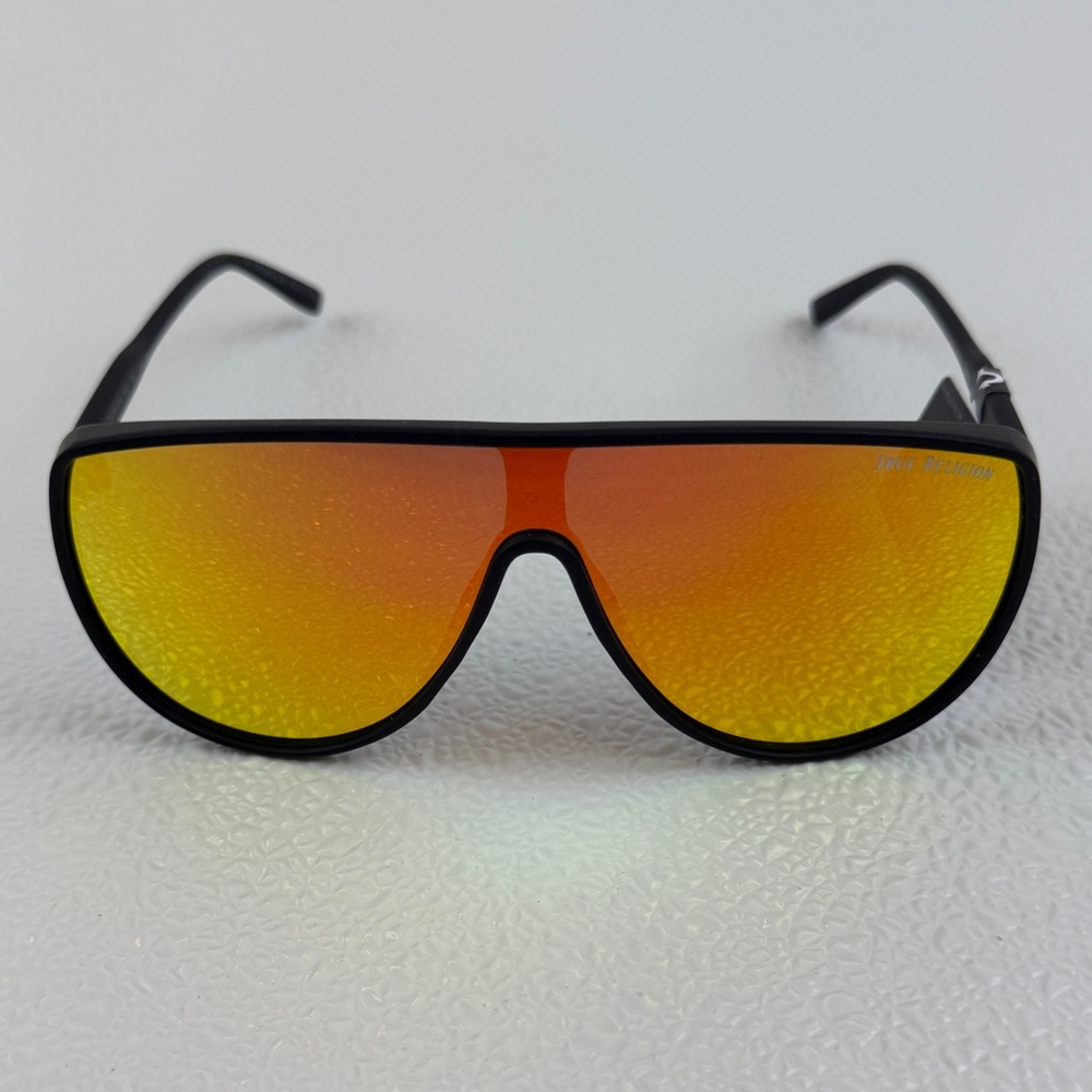 NWT True Religion Shield Sunglasses Orange Mirror Lens Black Frame Unisex